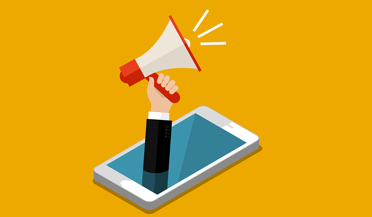Digital Marketing Banner with Bullhorn coming out of a smart phone.